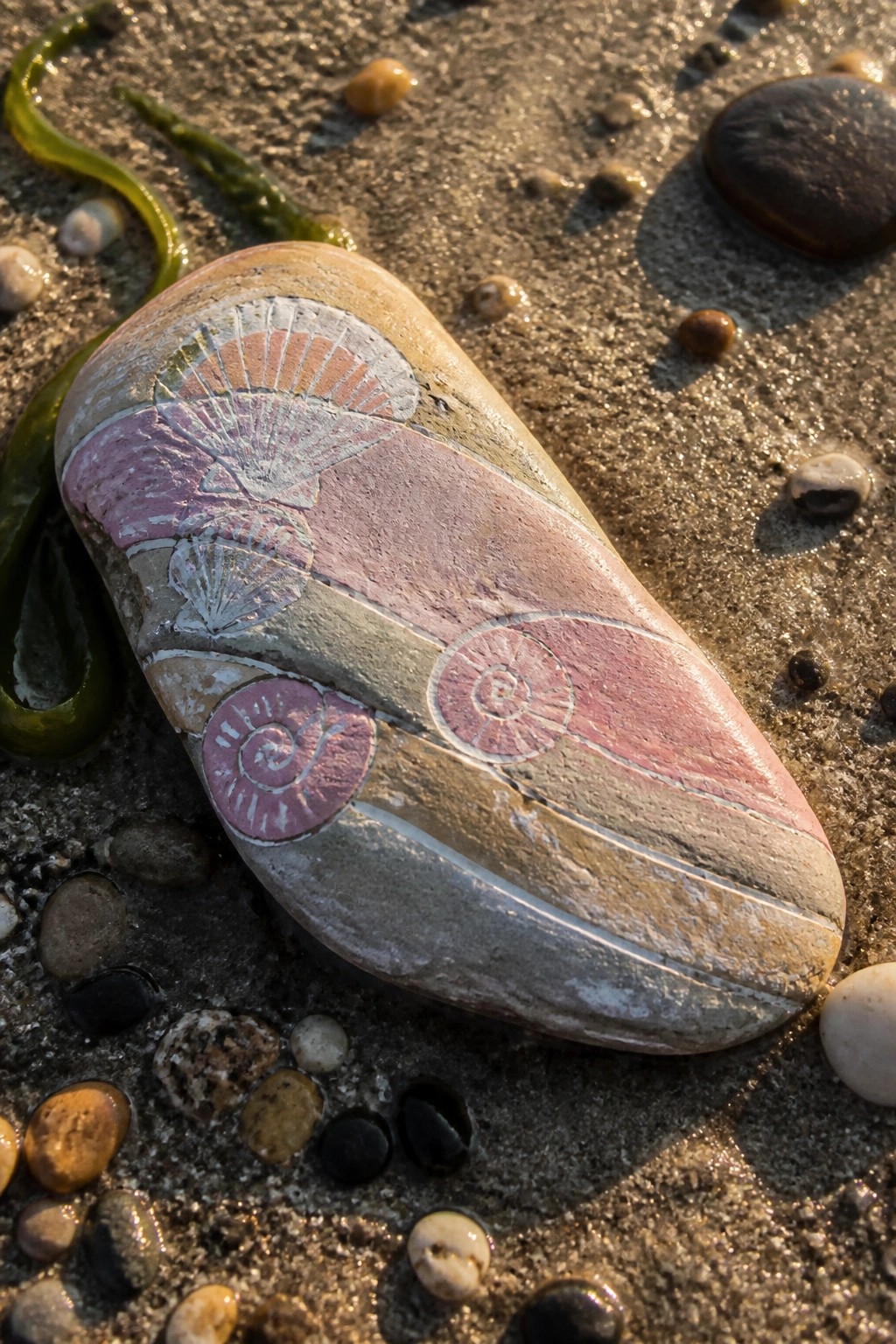 A smooth beach stone painted with pink and coral seashells and spiral fossils rests on wet sand near seaweed.
