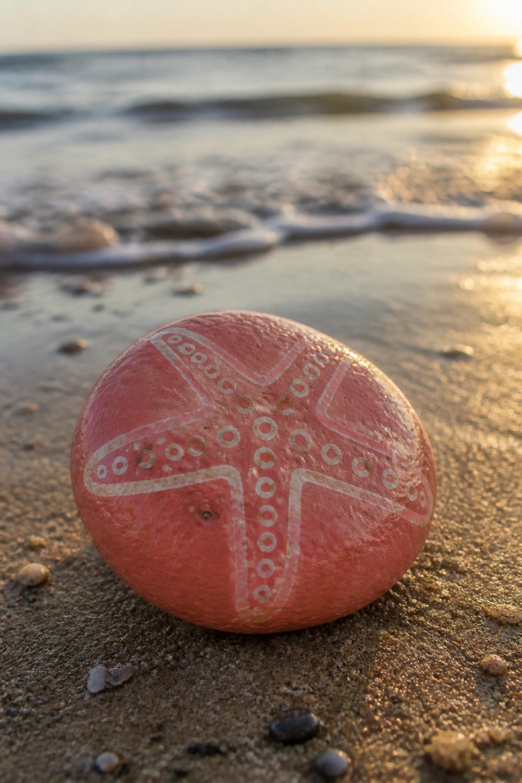 Red painted stone with white starfish on sandy beach near ocean waves at sunset