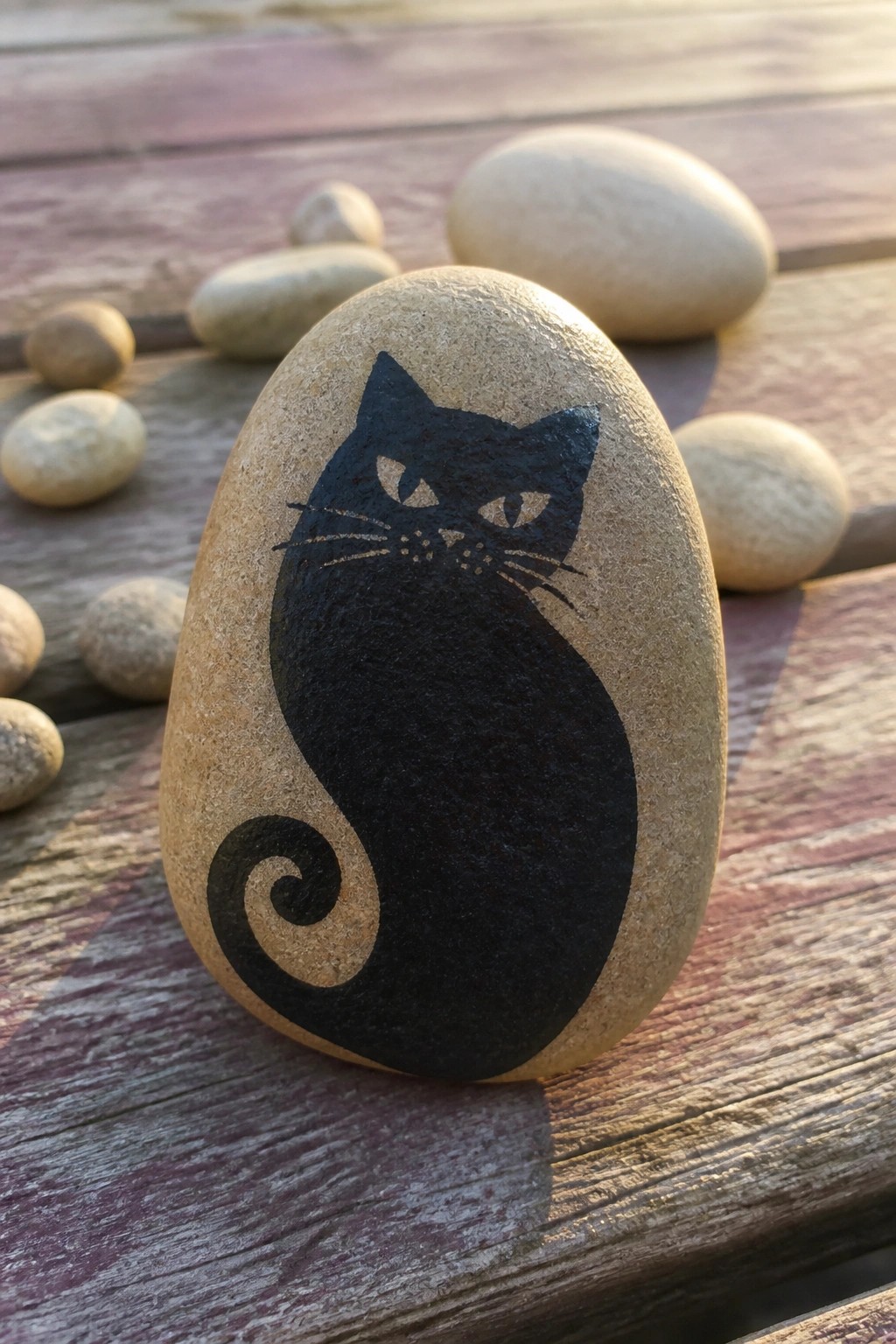 Black cat with curled tail painted on oval stone amid rocks on wood