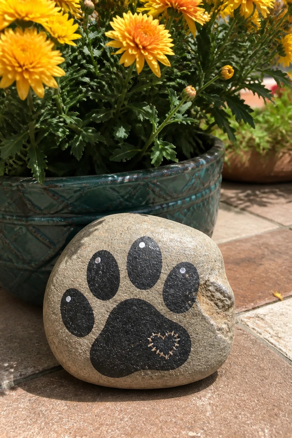 Painted paw print rock with heart beside yellow flowers in teal pot