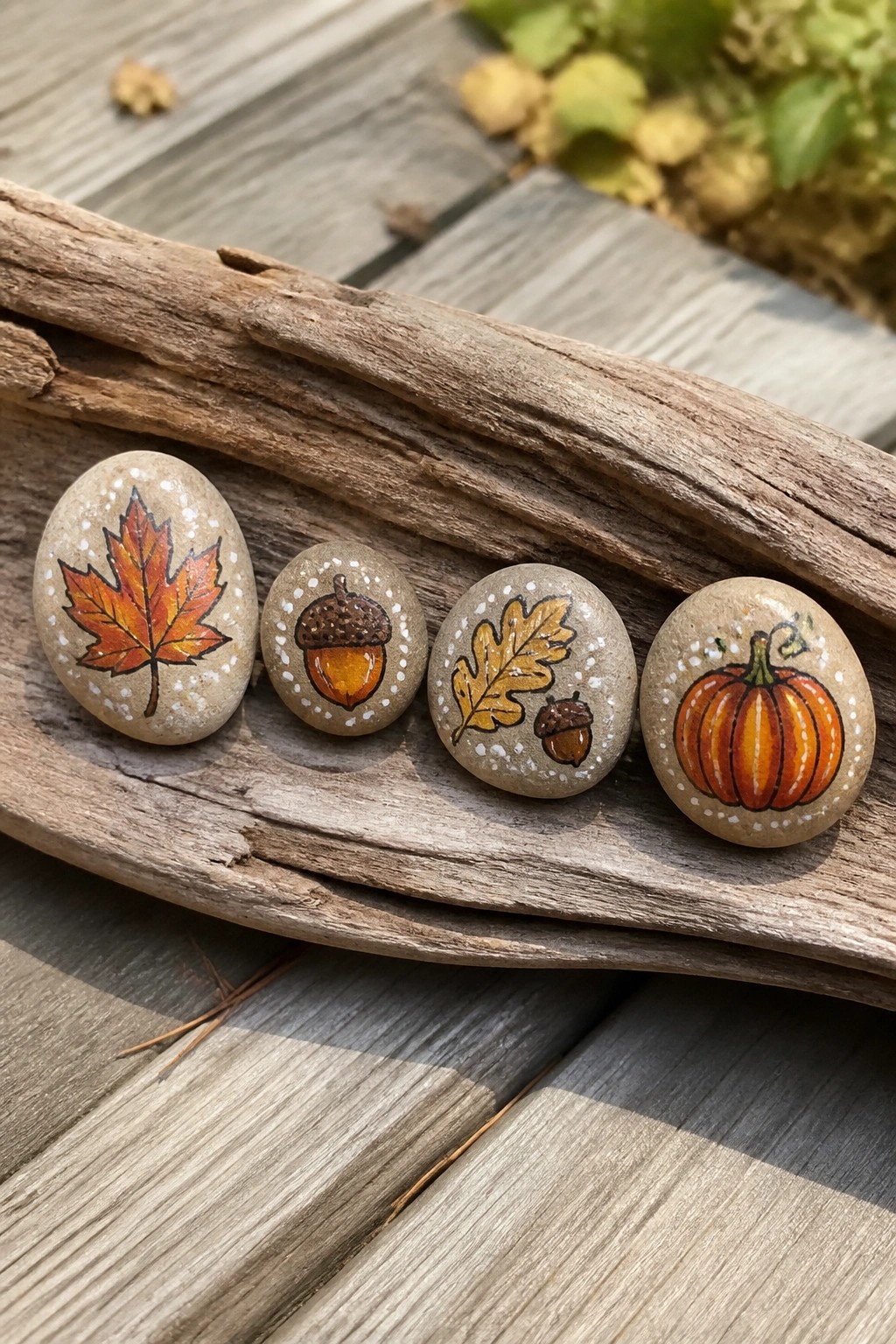 Four small rounded stones painted with a maple leaf, an acorn, an oak leaf with acorn, and a pumpkin rest on a piece of driftwood.