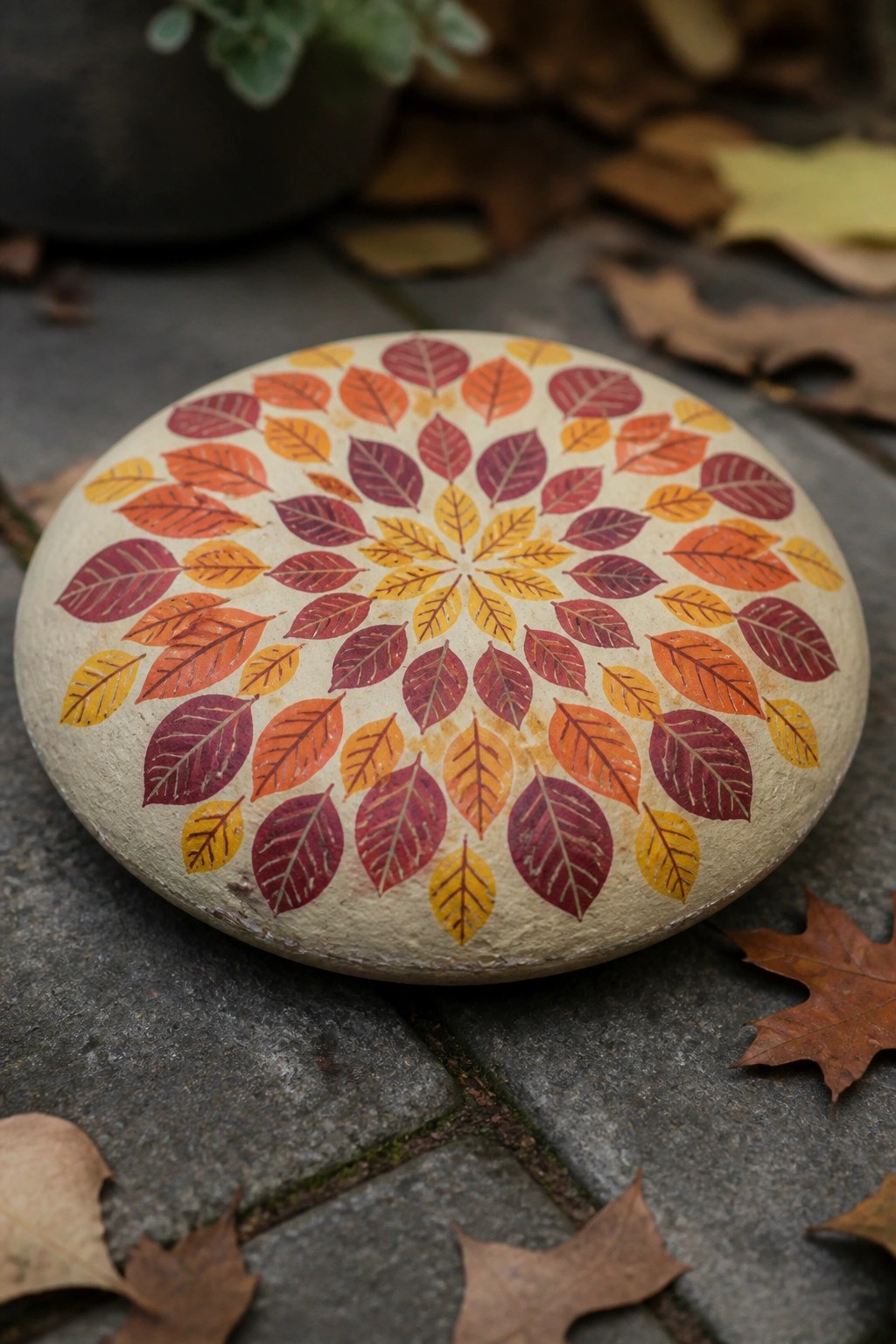 Round stone with vibrant autumn leaf mandala pattern on gray pavement amid fallen leaves