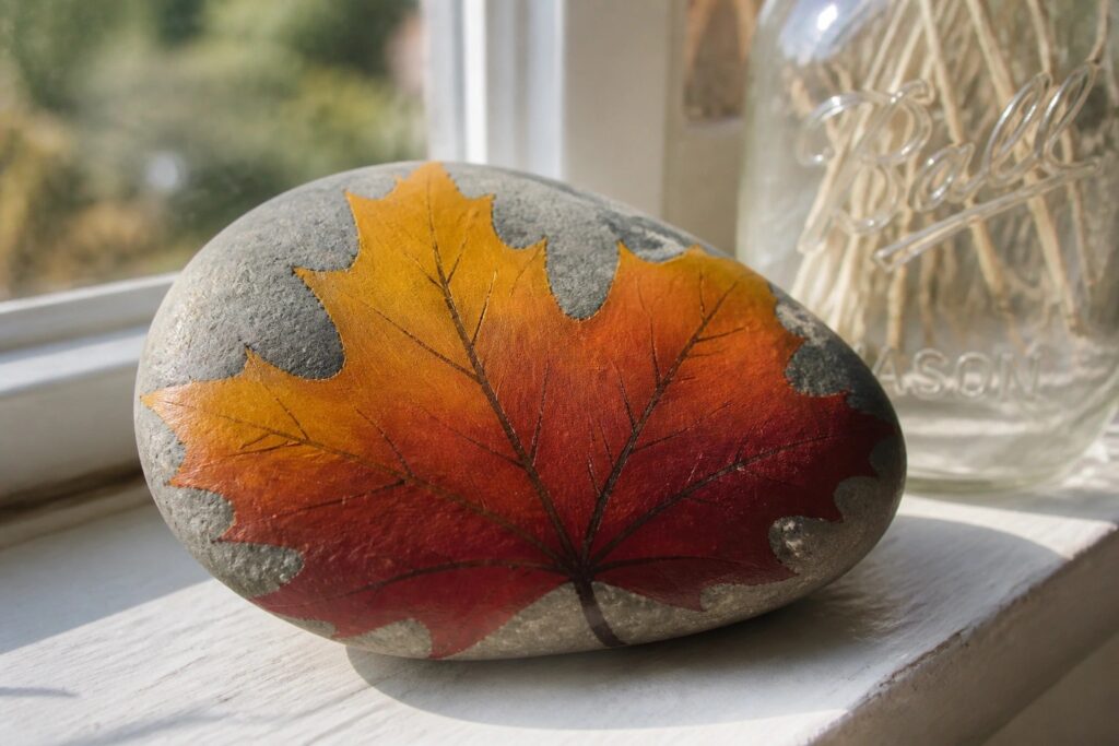 24 Beautiful Autumn Rock Painting Ideas Using Leaves, Acorns, and Warm Fall Colors Gray stone painted with vibrant red-orange-yellow maple leaf on windowsill.
