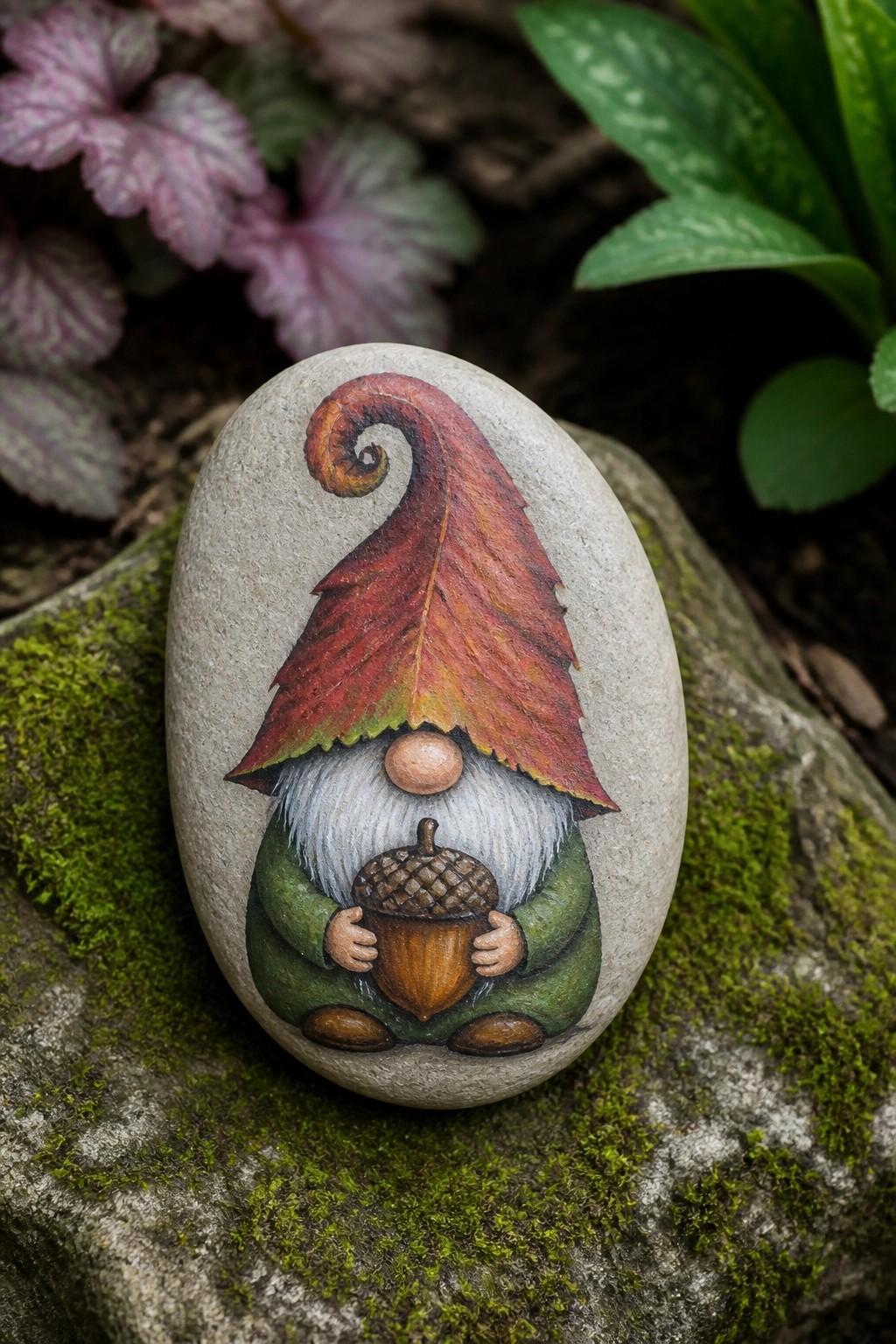 A smooth oval rock painted as a gnome with a red-orange leaf hat and holding a large acorn, resting on moss-covered stones.
