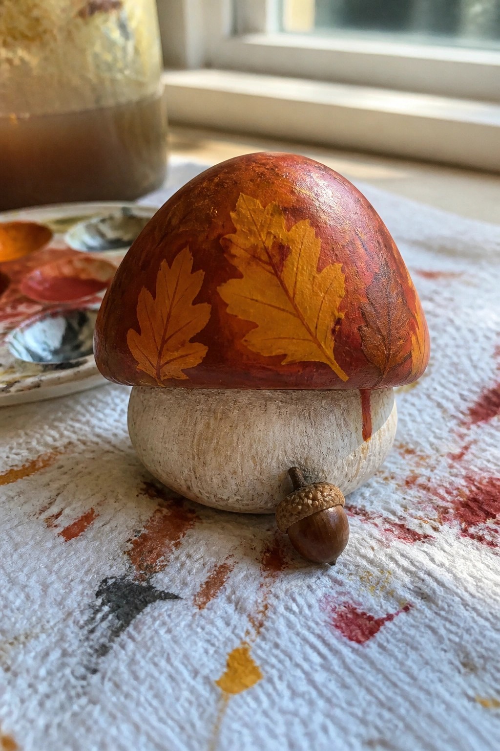 Painted mushroom rock with yellow autumn leaves and acorn on stained cloth