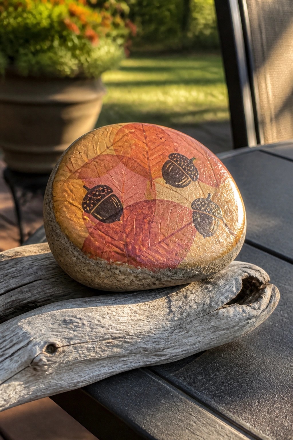 Painted rock with autumn leaves and acorns on weathered wood outdoors