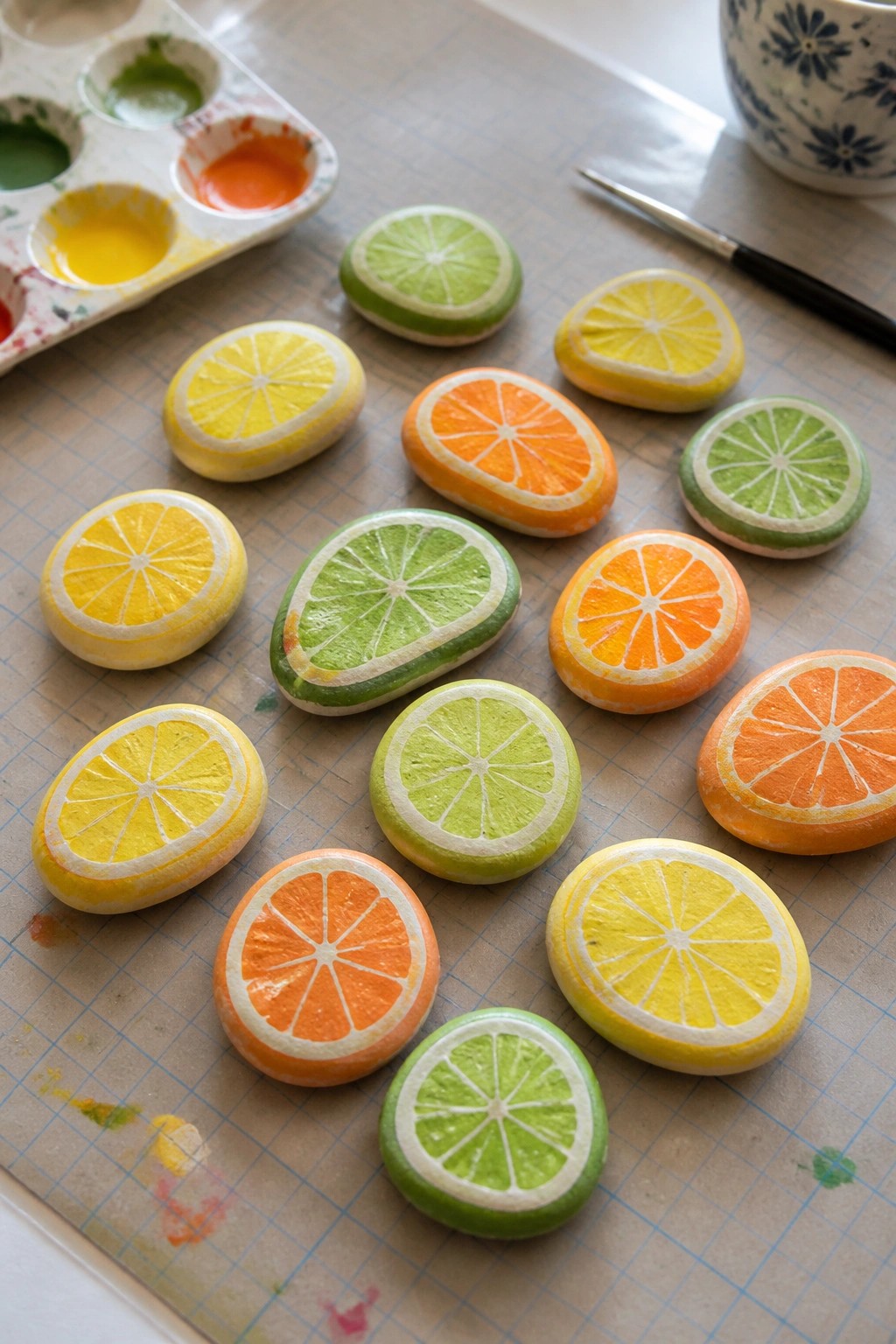 Painted citrus slice rocks on gridded mat with palette, brush, and cup