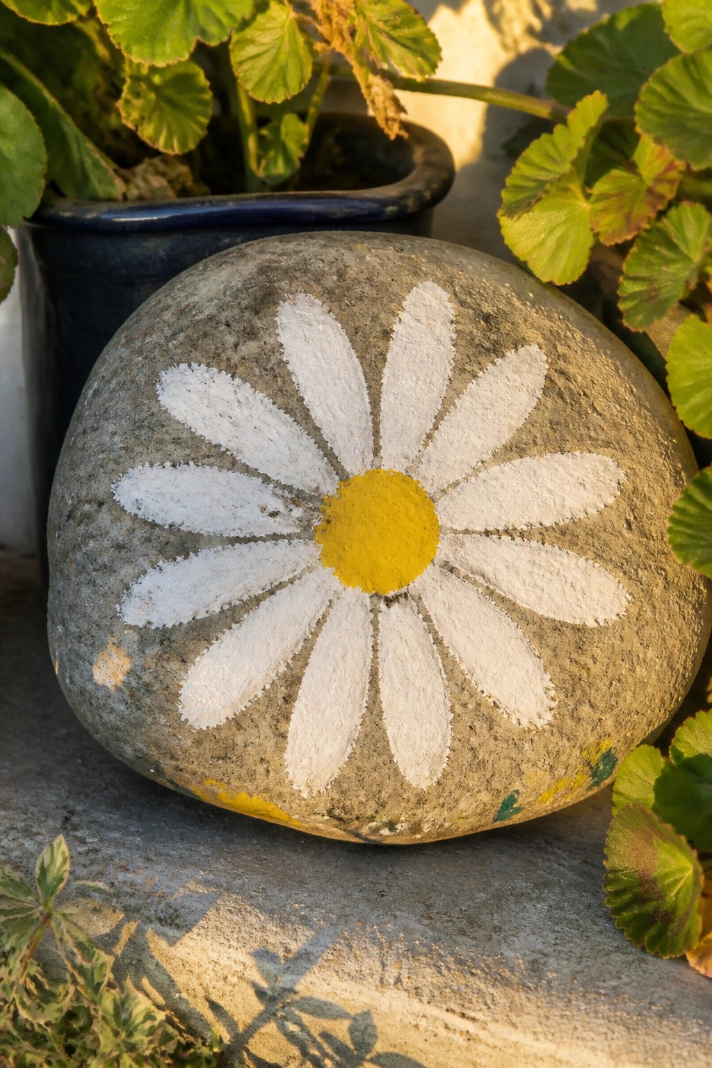 A round gray stone painted with a white daisy and yellow center sits among green plants.