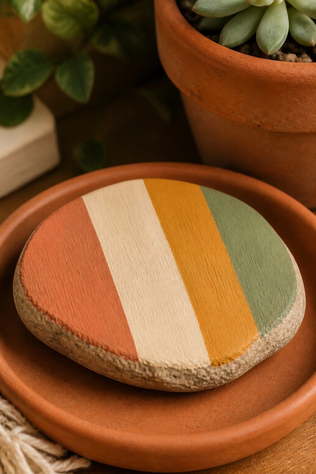 Painted stone with red, beige, yellow, and green stripes on terracotta saucer