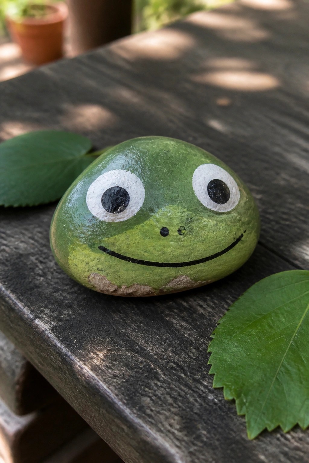 A green painted rock with big white eyes and a black smile sits on a wooden table beside two green leaves.