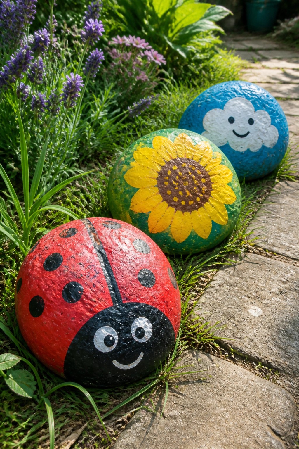 Painted garden rocks: smiling ladybug, sunflower, and cloud faces on grass.