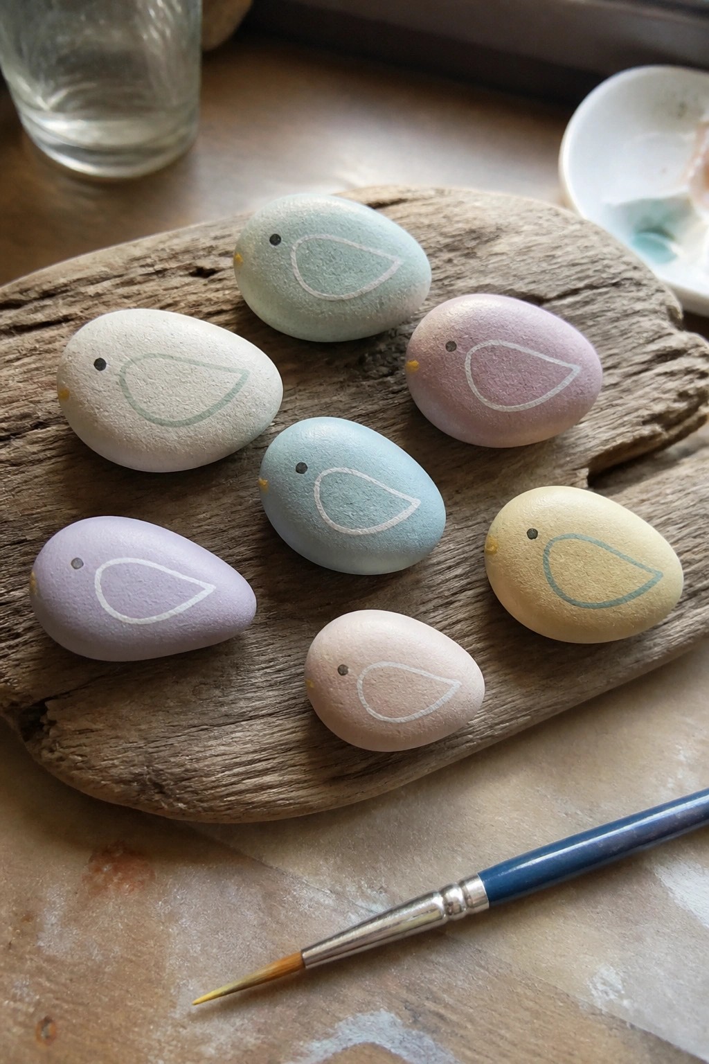 Several small smooth stones painted in pastel colors with simple bird designs sit on a piece of driftwood beside a paintbrush.