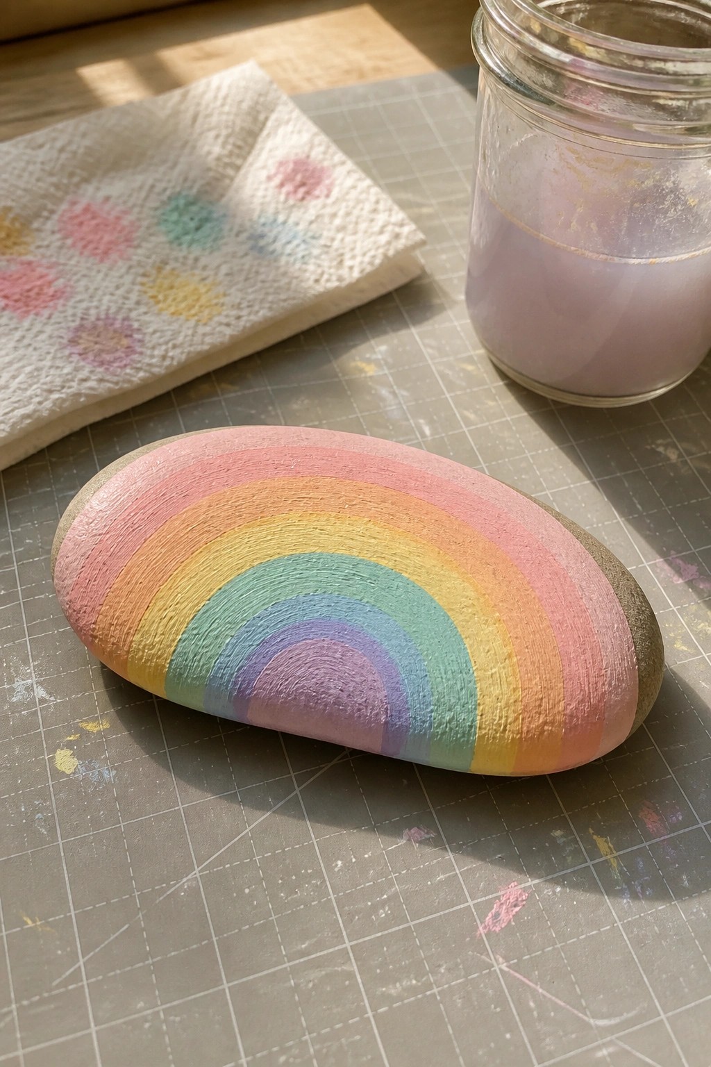 An oval stone with rainbow stripes rests on a gray cutting mat beside a spotted paper towel and a jar of purple paint.