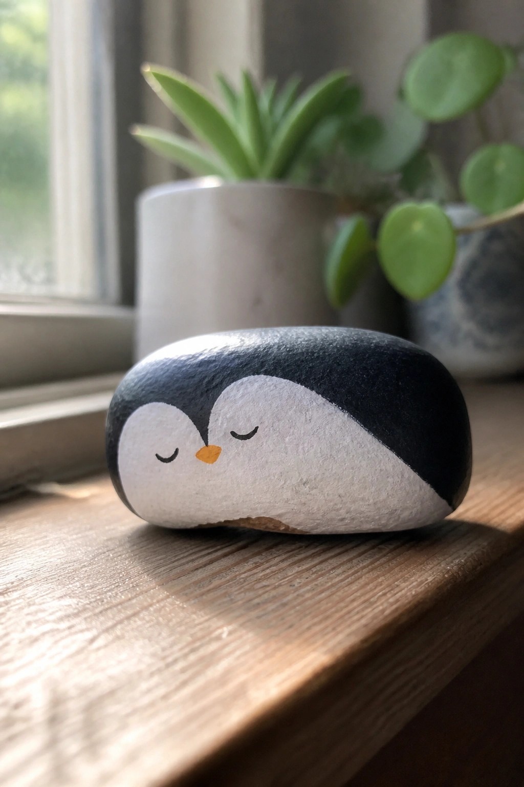 Painted stone penguin with closed eyes on sunny wooden windowsill by plants