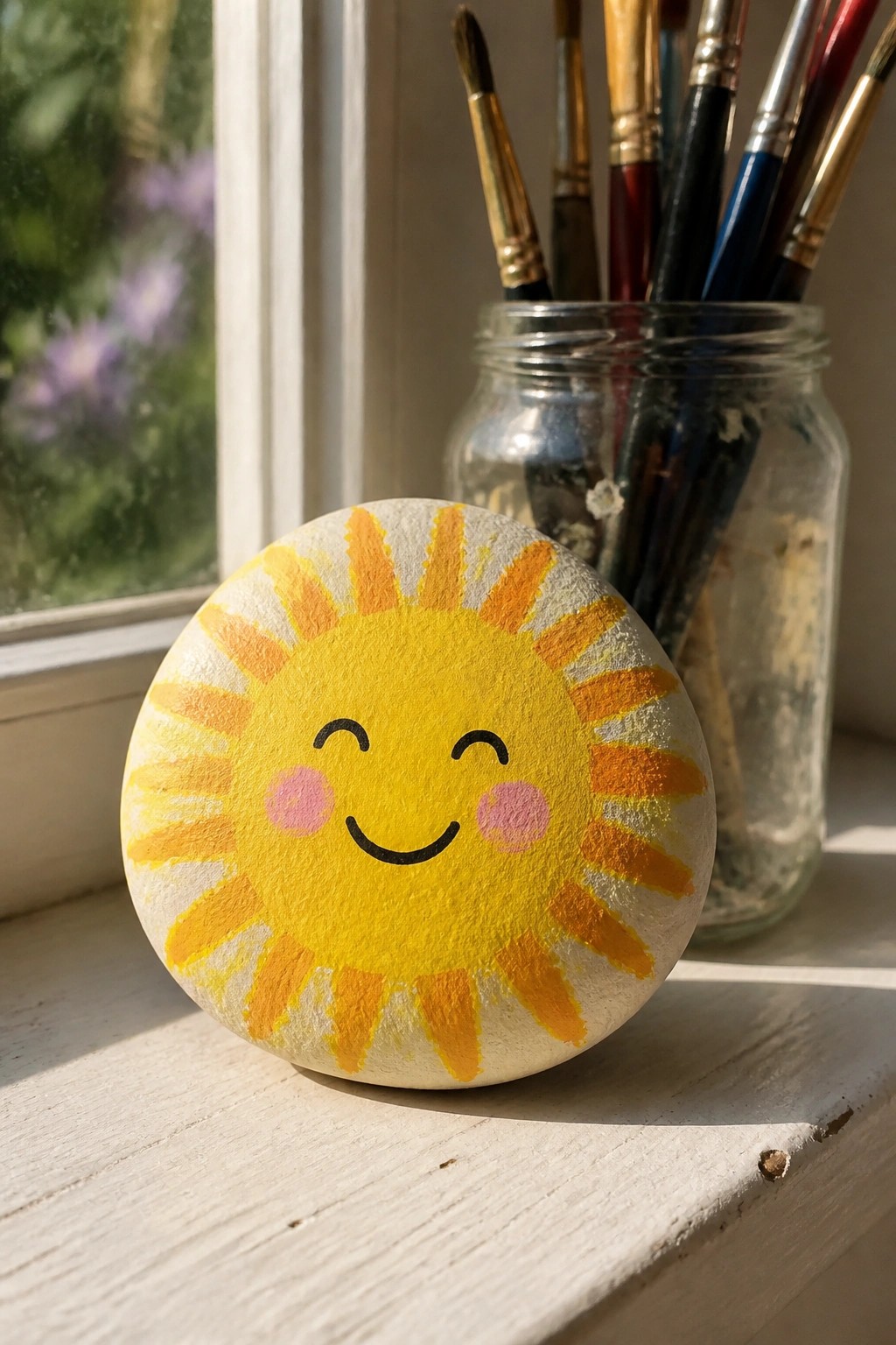 Smiling sun painted on rock beside jar of paintbrushes on windowsill
