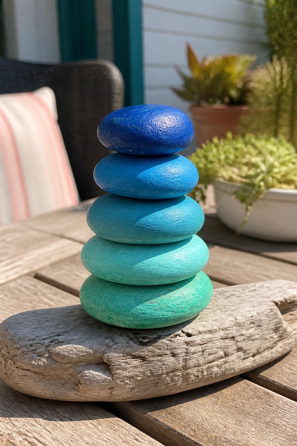 Stacked blue-to-green painted stones balanced on driftwood atop outdoor table