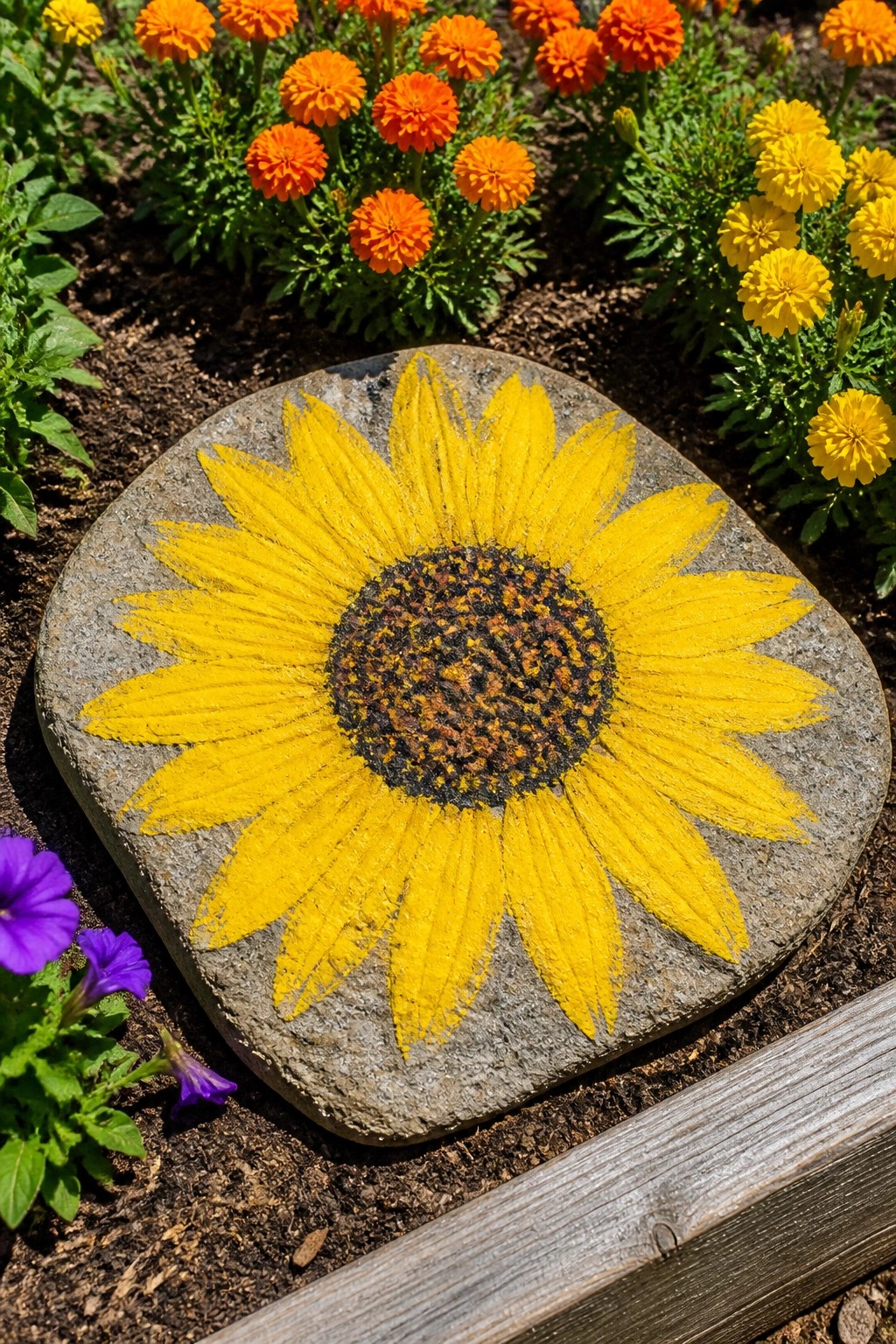 A flat gray stone painted with a yellow sunflower sits in garden soil next to purple flowers and orange marigolds.