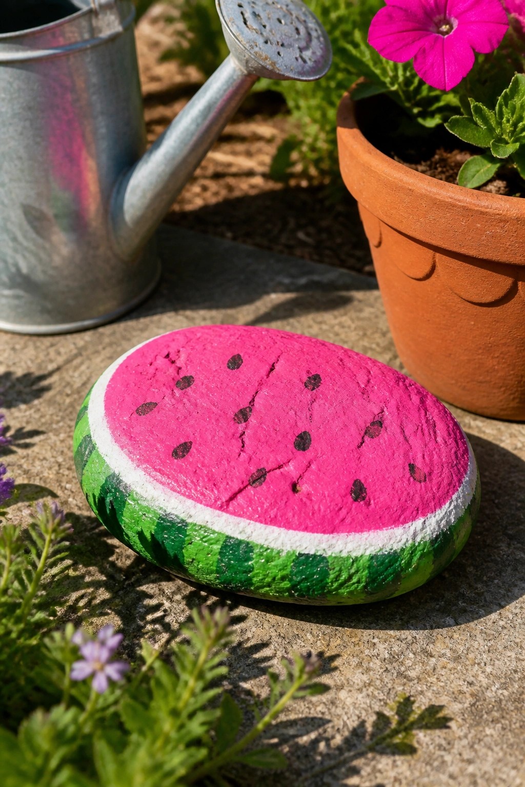 Watermelon painted rock beside watering can and potted pink flower on stone surface