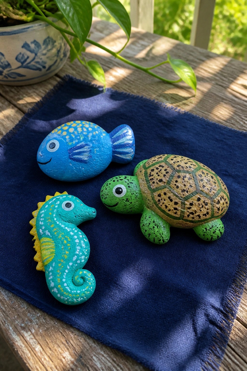Three painted rocks of blue fish, turquoise seahorse, and green turtle on blue cloth
