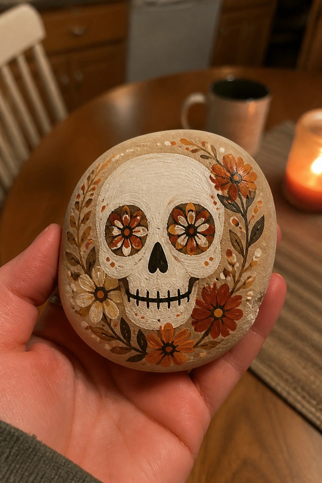 Hand holding painted skull rock with orange flowers on wooden table