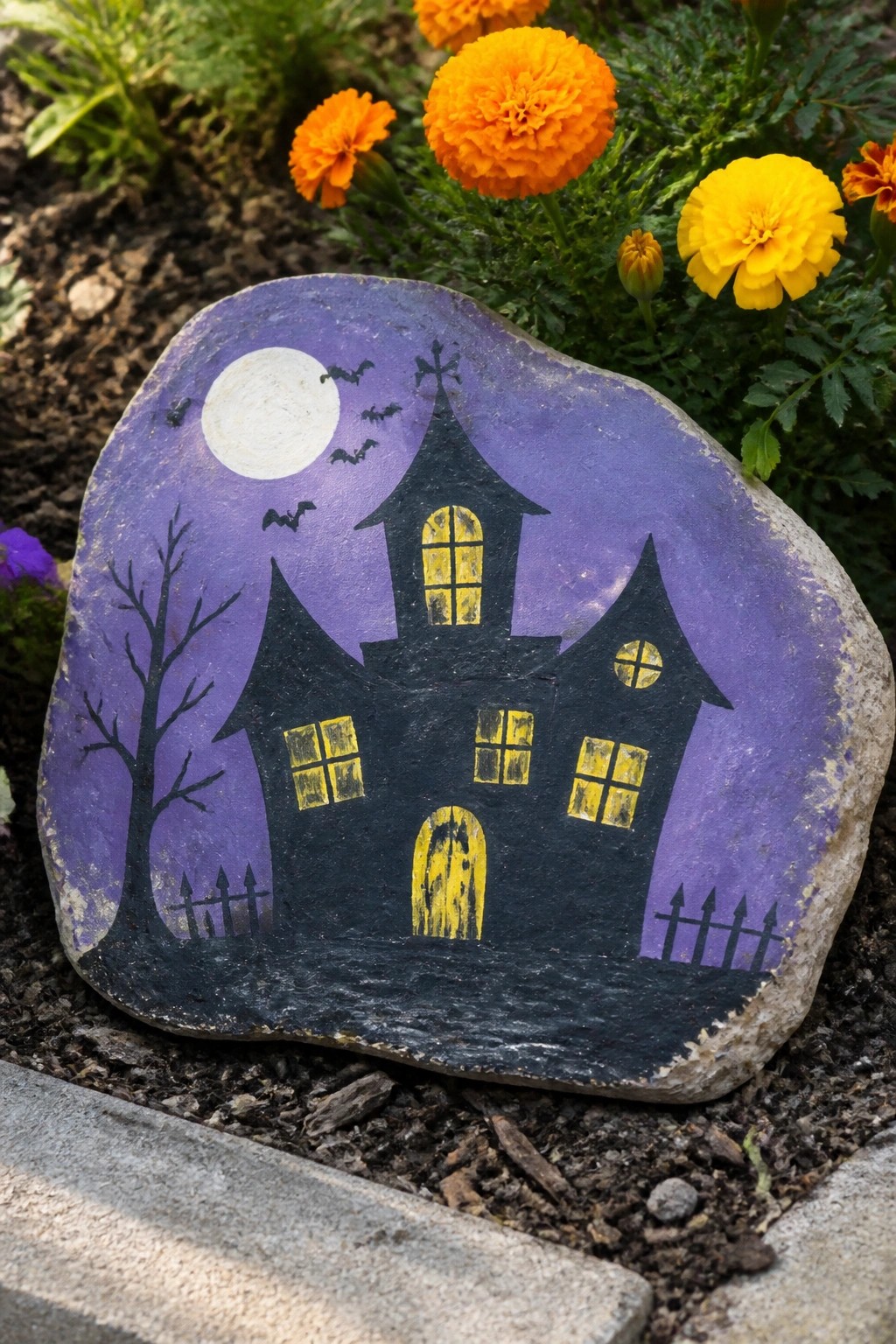 Painted rock with black haunted house, yellow windows, moon, bats, and flowers