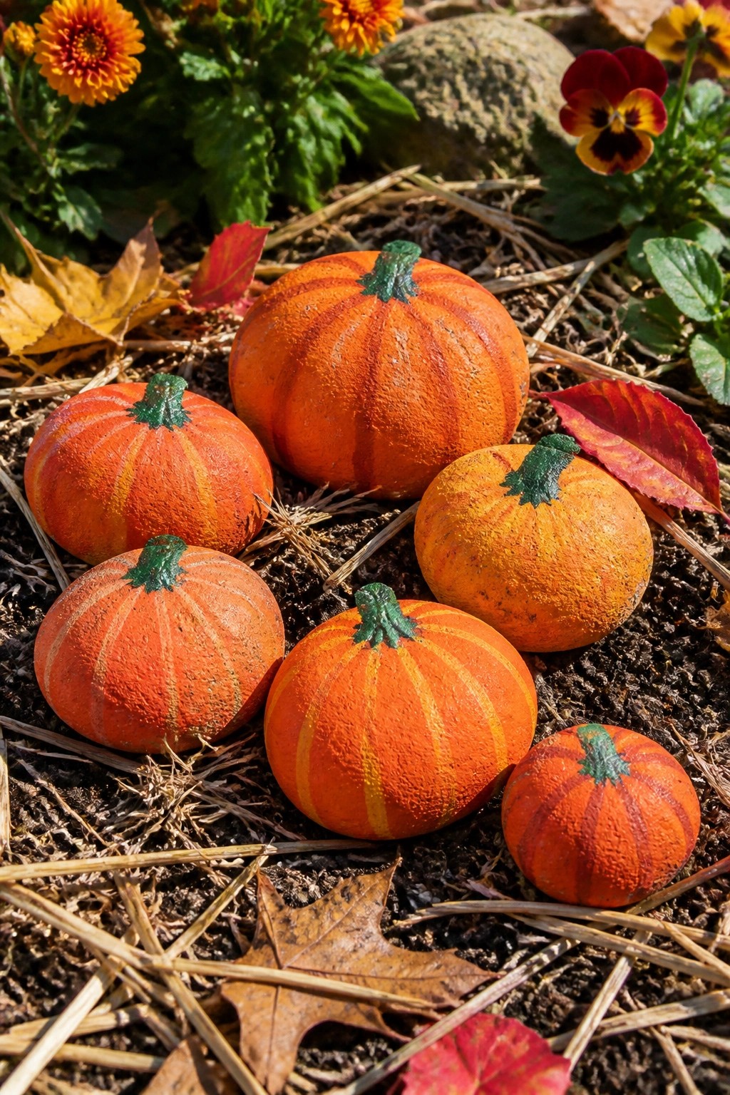 Several small painted orange pumpkins amid autumn leaves, straw, and flowers.