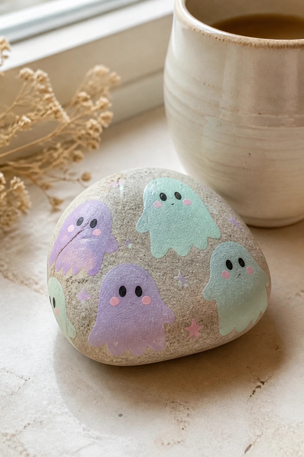Painted stone with pastel purple and mint ghosts plus pink stars beside mug