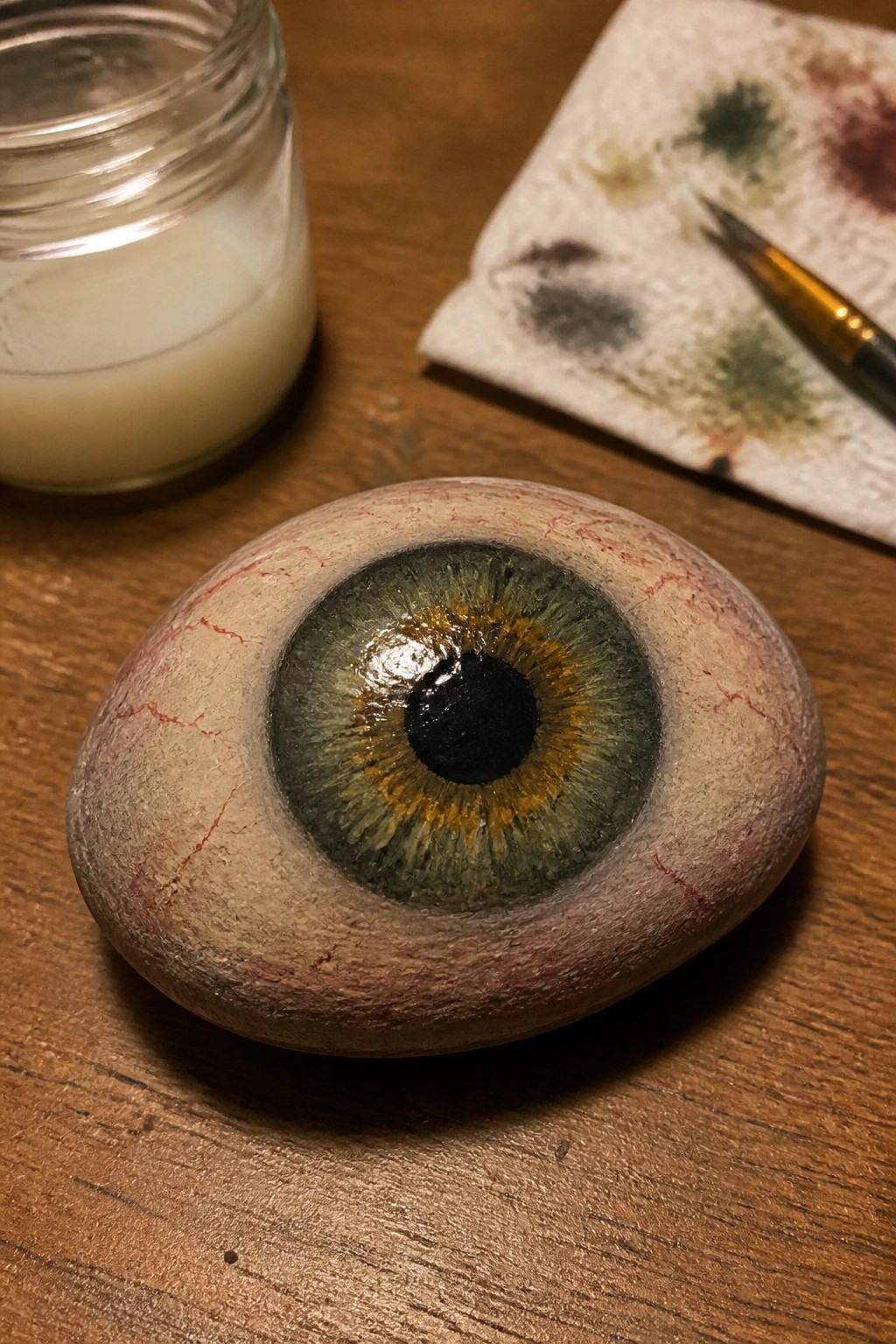 Painted stone eyeball with green-yellow iris near paint jar and brush on wood