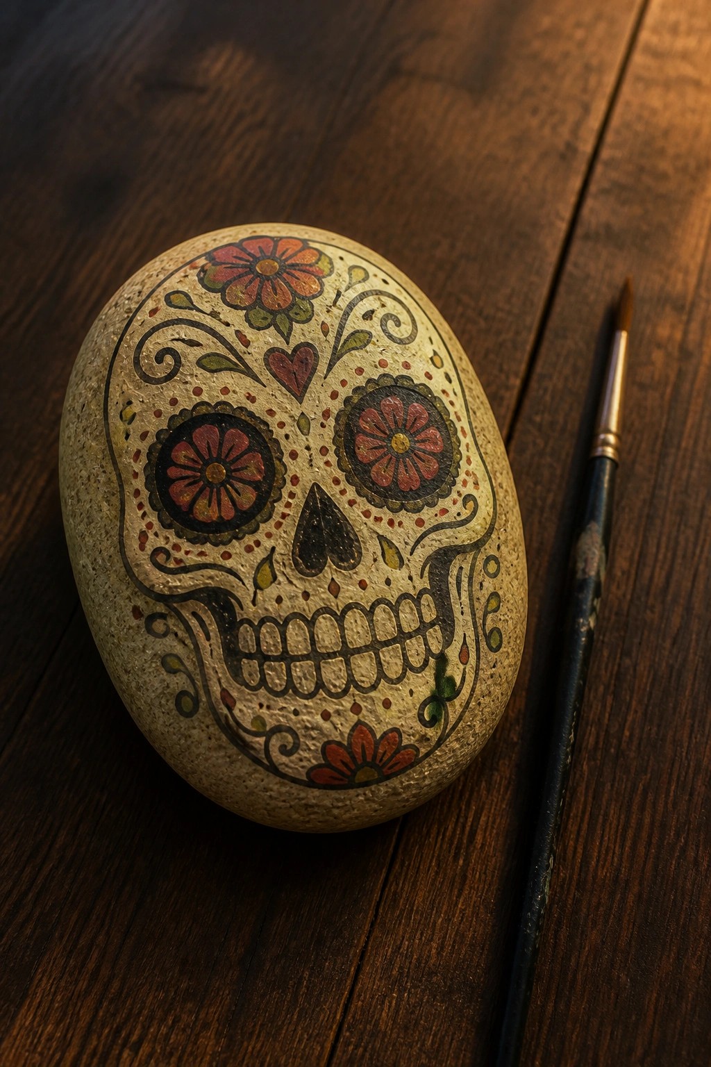 Painted stone sugar skull with flowers beside paintbrush on dark wood