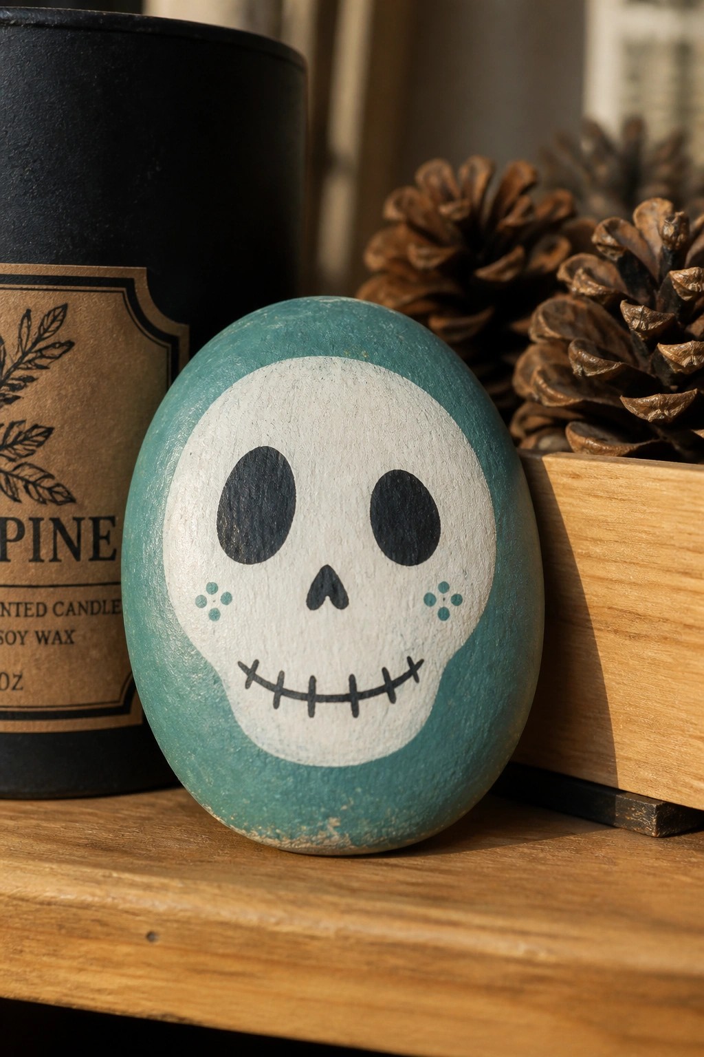 Teal skull-painted rock beside black pine candle and pinecones on wood