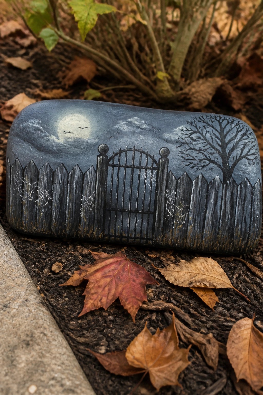 Painted rock of haunted fence under full moon with bats, spiderwebs, and bare tree.