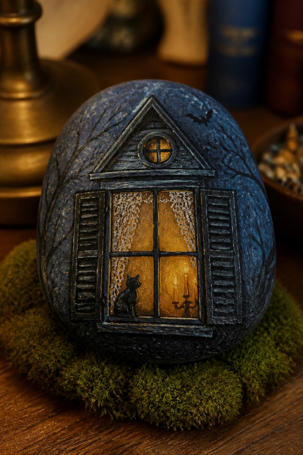 Painted blue rock house with glowing window, black cat, and candles on moss.