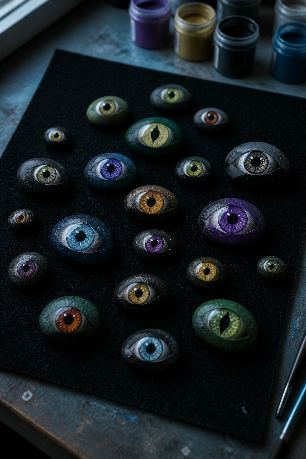 Painted eye-shaped stones in vivid colors on black mat with paint jars nearby