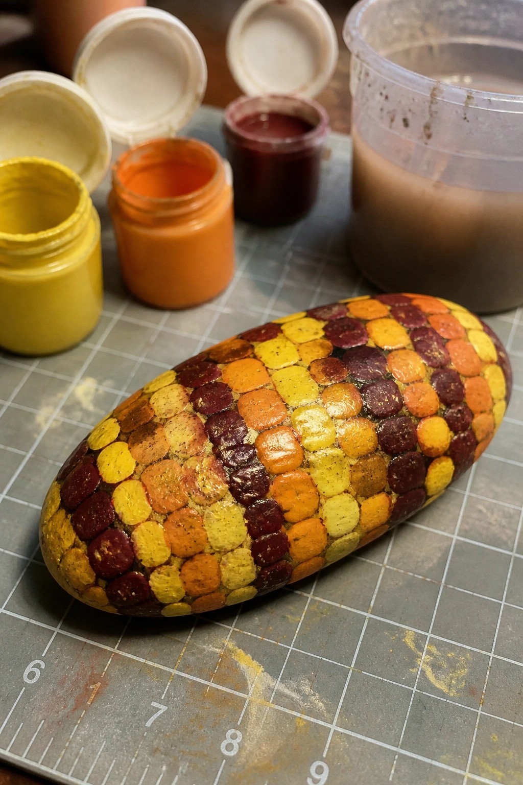 Oval stone with colorful square mosaic pattern beside open yellow, orange, and maroon paint jars.