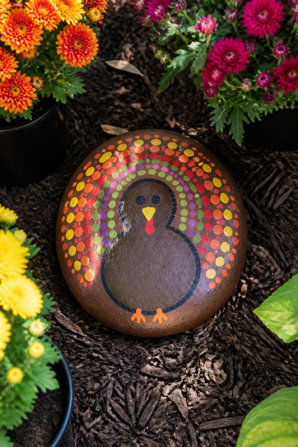 Colorful painted turkey rock with rainbow dotted feathers amid autumn chrysanthemums on mulch.
