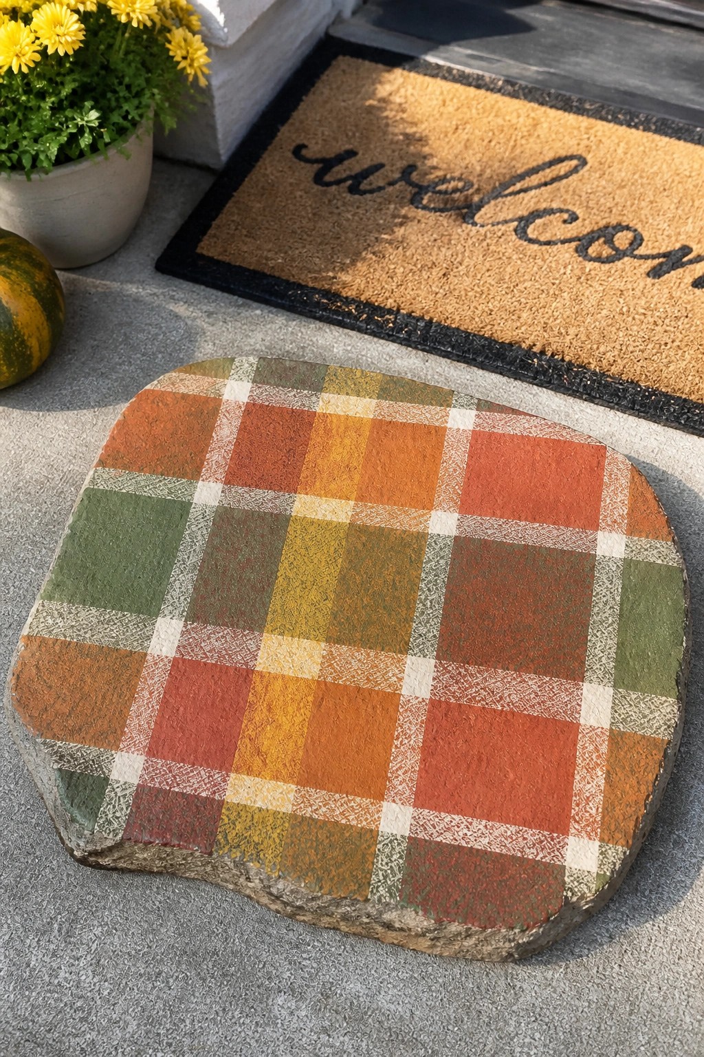 A flat rock painted with a multicolored plaid pattern in fall shades rests on concrete near a welcome mat and potted flowers.