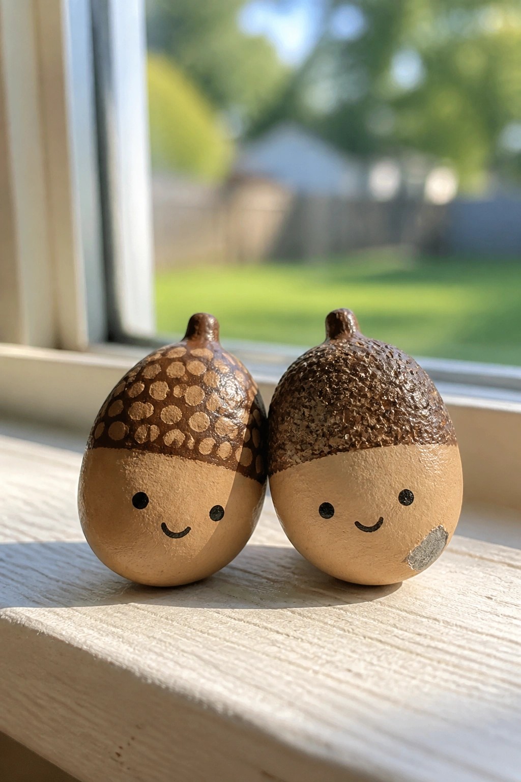 Two small painted rocks resembling acorns with simple smiling faces rest on a wooden windowsill.