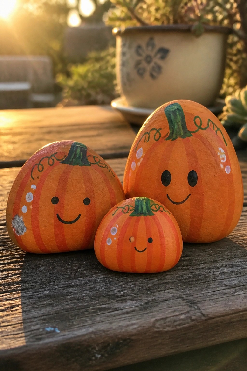 Three orange pumpkin-painted rocks with faces and green stems rest on a wooden surface outdoors.