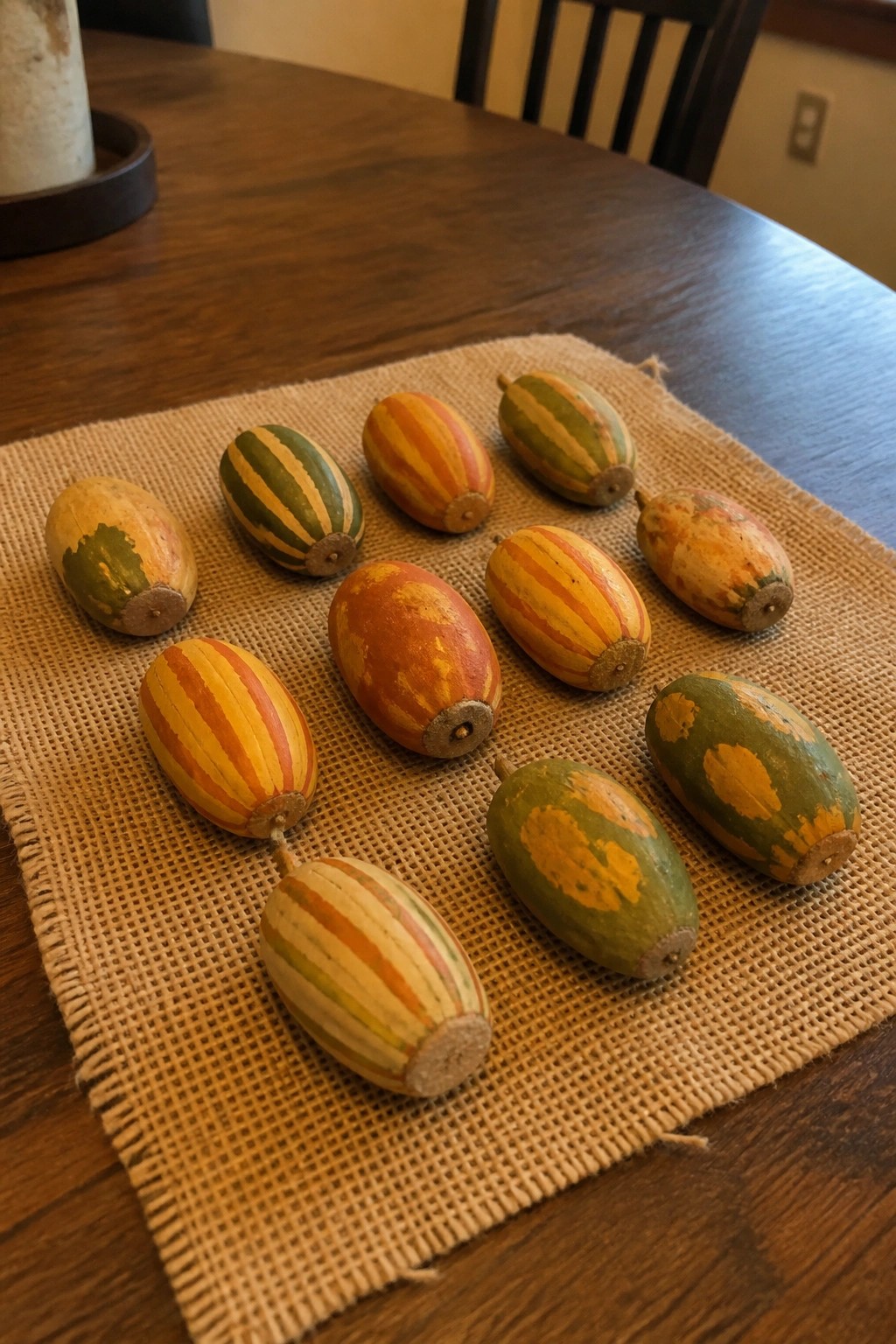 Oval stones painted with green, orange, and yellow stripes arranged on burlap to resemble miniature gourds.
