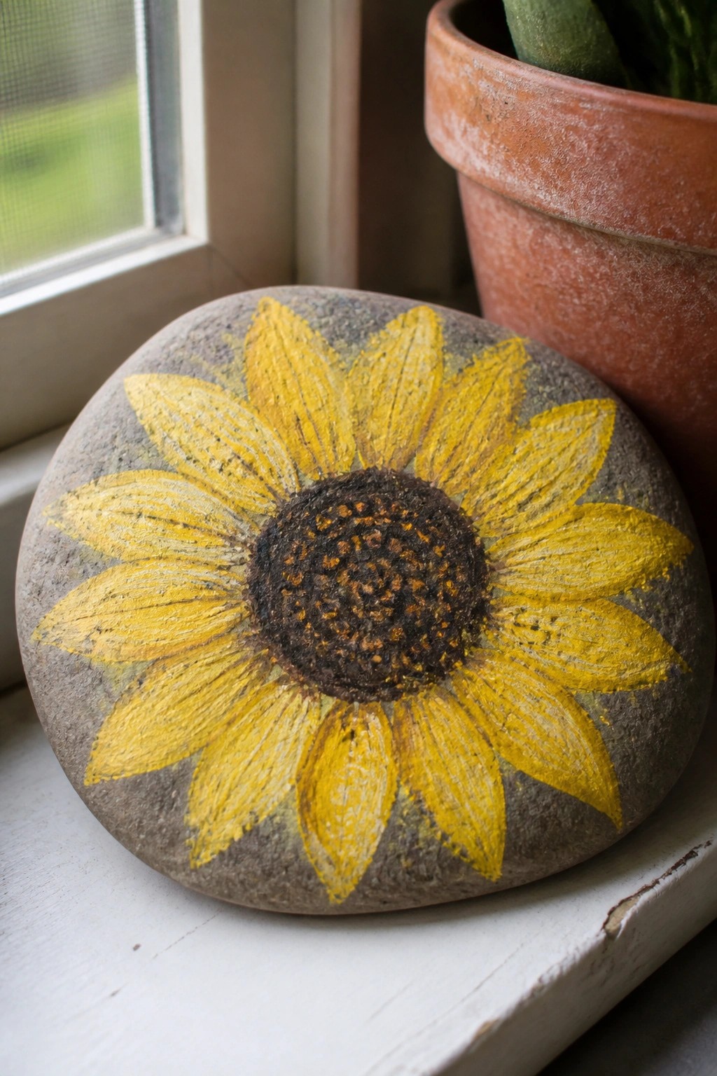 Gray rock painted with yellow sunflower beside terracotta plant pot on windowsill
