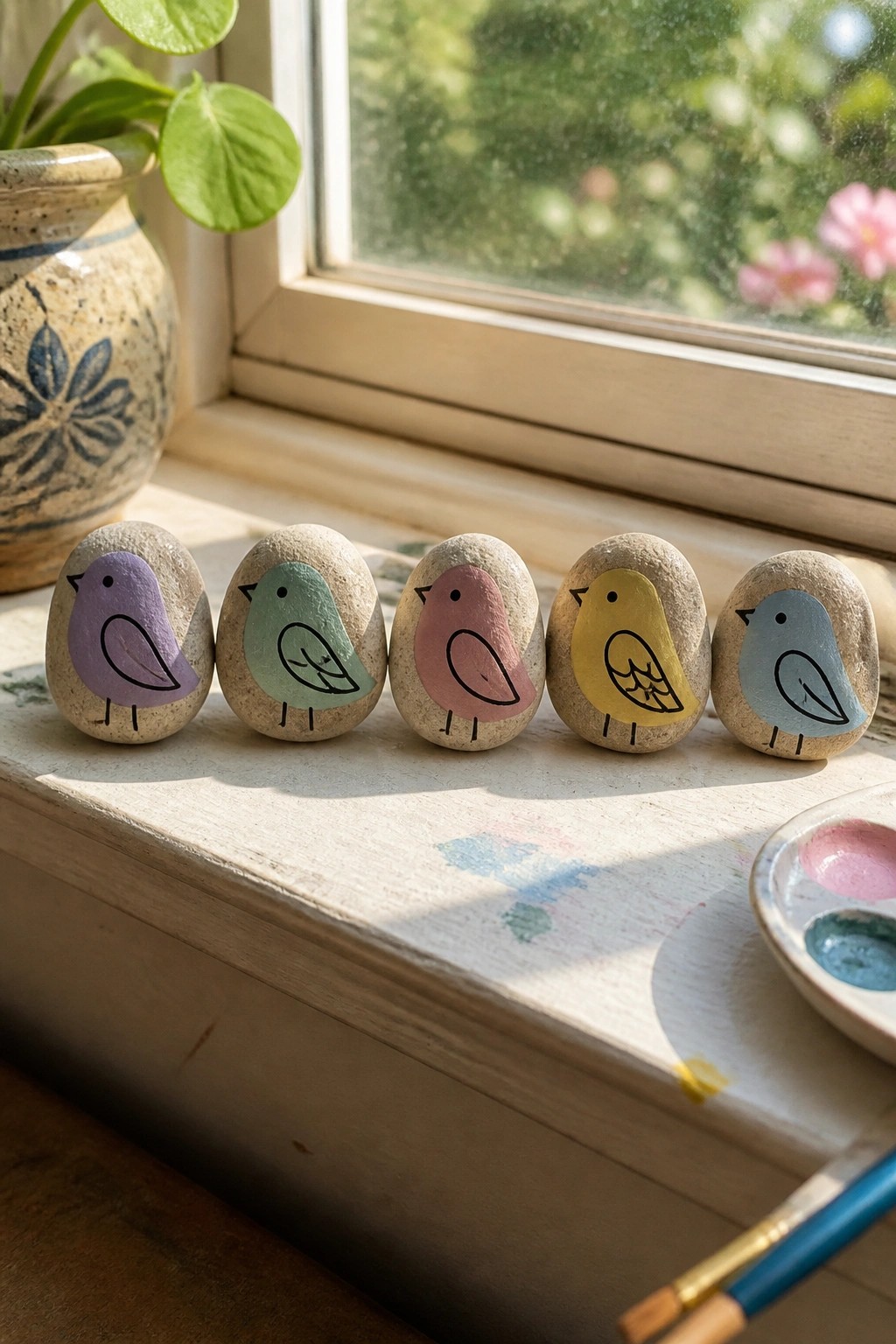 Five smooth stones painted with colorful bird silhouettes sit on a windowsill next to a paint palette.