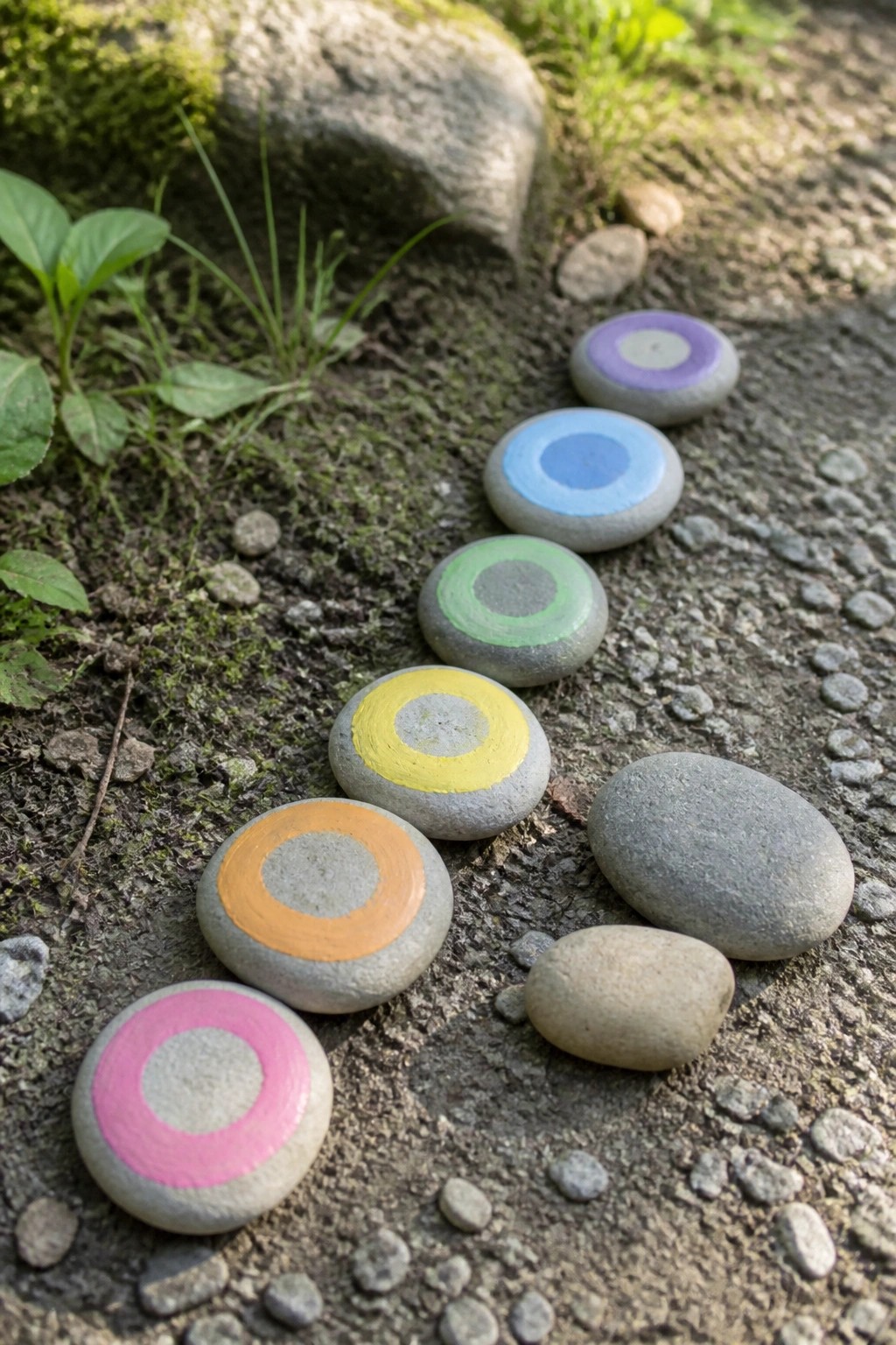 Line of gray rocks painted with colorful concentric circles on mossy ground.
