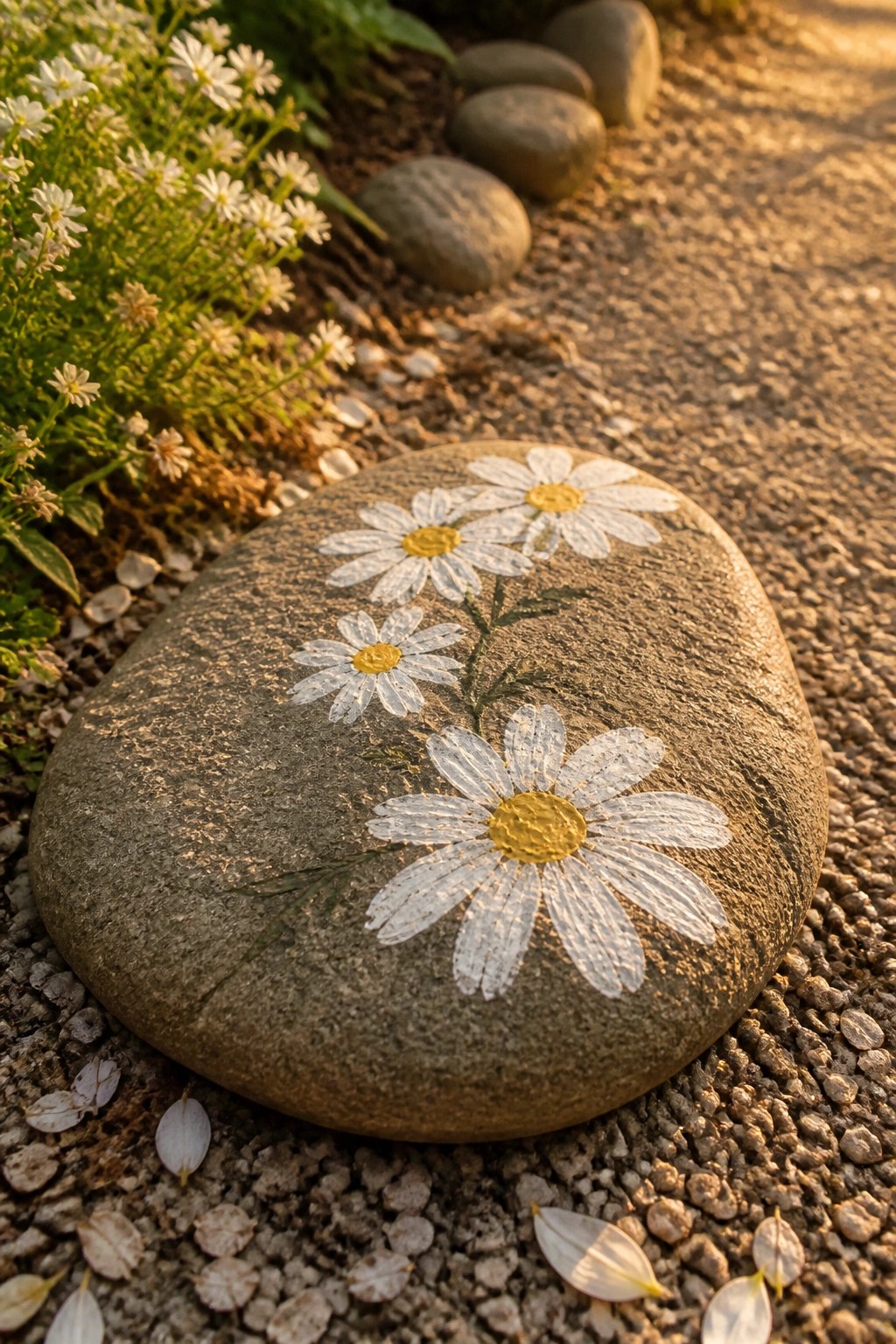 Painted stone with three white daisies on gravel path amid flowers