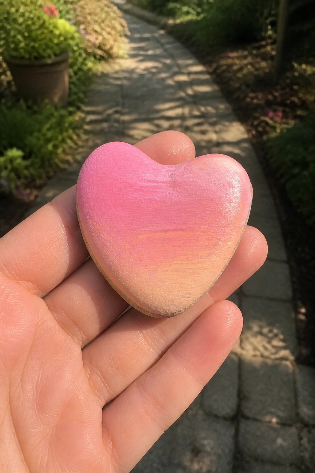 Hand holding glossy pink-to-orange painted heart stone on garden path.