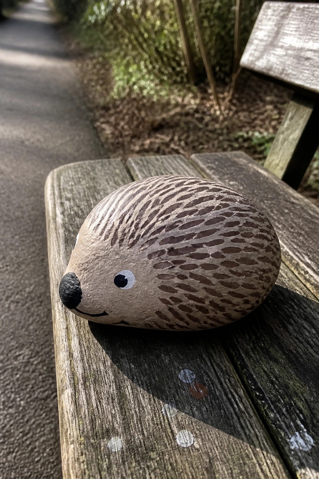 Painted hedgehog rock with brown spines, black nose, and smiling face on bench