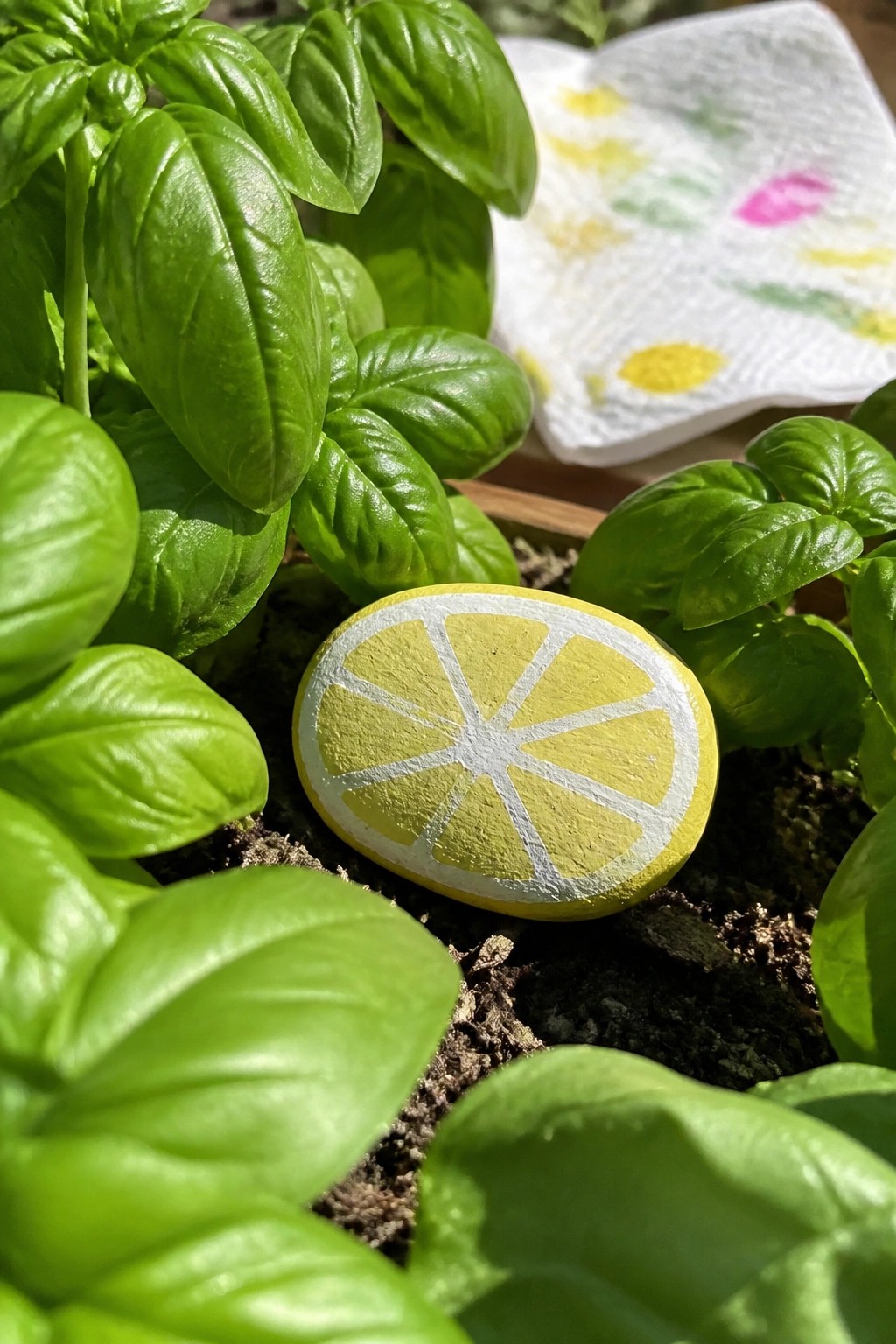 Vibrant green basil leaves surround a hand-painted yellow lemon rock in soil.