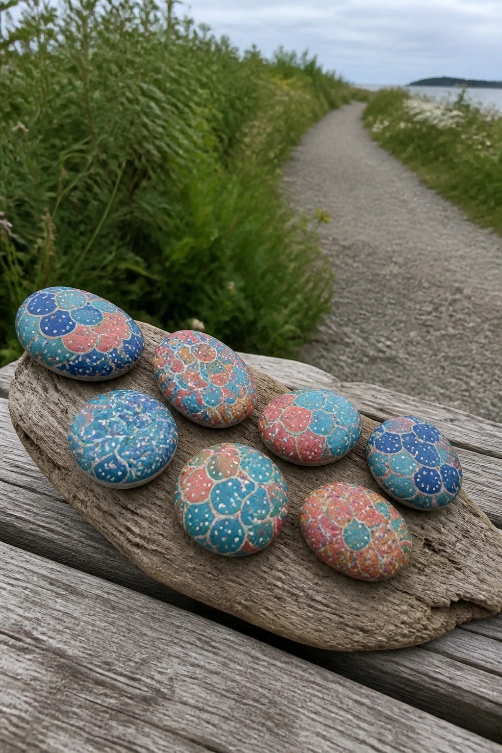Colorful patterned rocks on driftwood beside a coastal gravel path