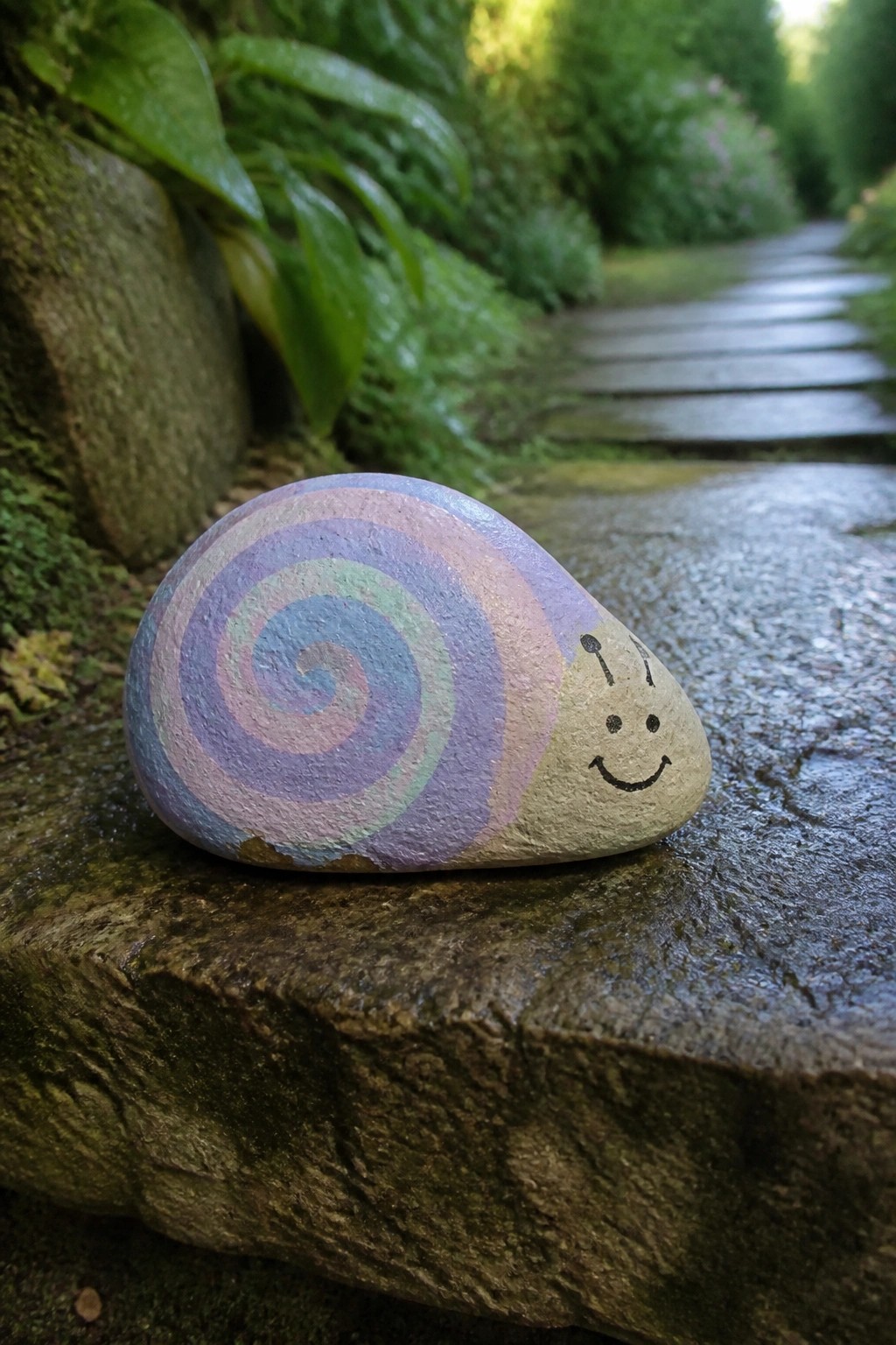 A painted rock shaped like a snail rests on a stone step, featuring a spiral shell in pastel colors and a simple smiling face on the head.