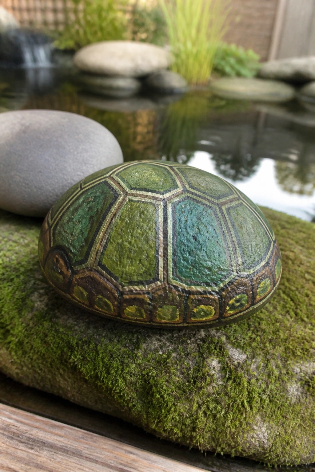 A painted rock with a green and blue turtle shell pattern rests on mossy stones next to a pond.