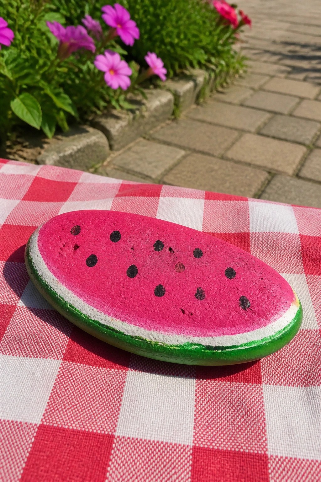 Watermelon-painted rock on red checkered cloth with purple flowers behind